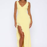 Cenny | Bold Thigh-High Slit Vibrant V-Neck Ruffle Maxi Dress