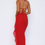 Heat | Plunge Neckline  Ruffled Thigh-High Slit Maxi Dress