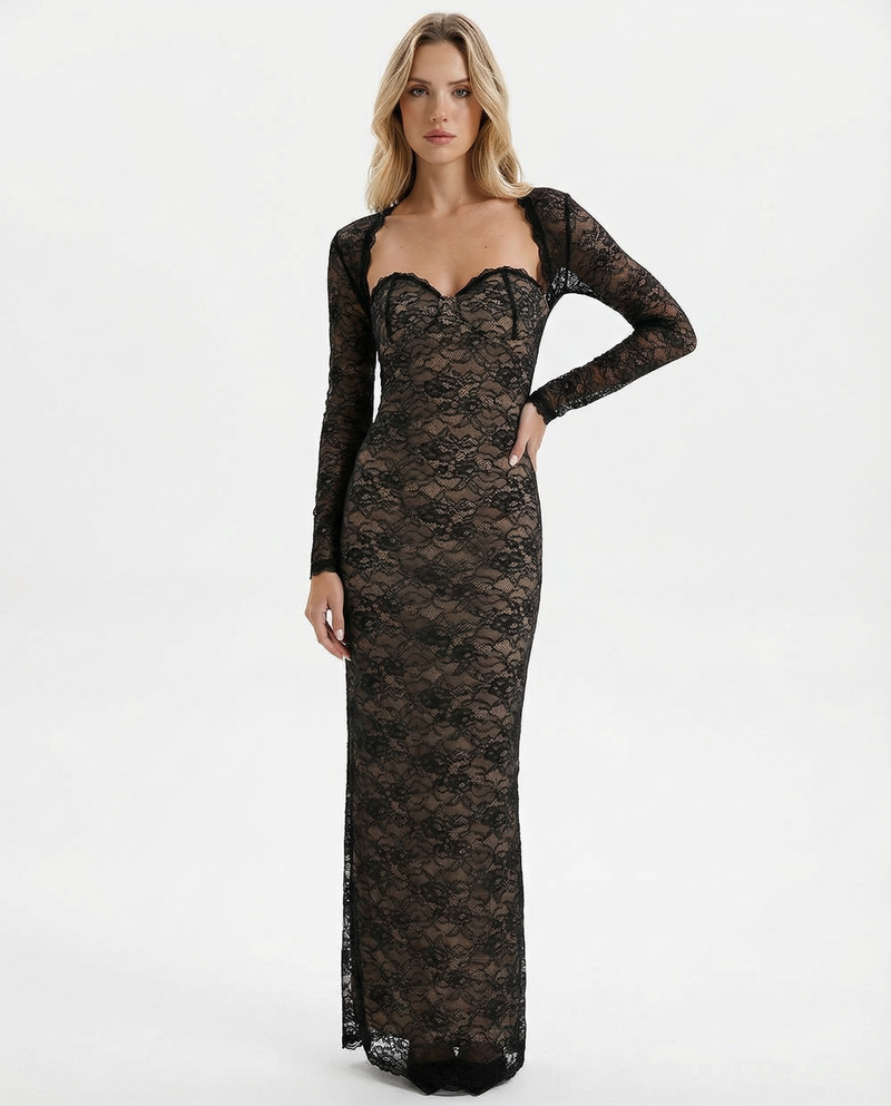 Catrine | Sheer Floral Lace Corset Maxi Dress with Detachable Sleeves
