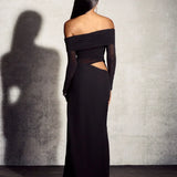 Alice | Sheer Mesh Bodice Off-Shoulder Cowl Maxi Dress