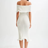Melania | Textured Knit Ruffle Trim Off-The-Shoulder Midi Dress