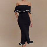 Melania | Textured Knit Ruffle Trim Off-The-Shoulder Midi Dress