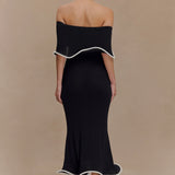 Melania | Textured Knit Ruffle Trim Off-The-Shoulder Midi Dress