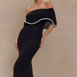 Melania | Textured Knit Ruffle Trim Off-The-Shoulder Midi Dress