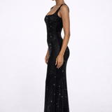 Elara | Sculpted Square Neck Crystal Mesh Maxi Dress