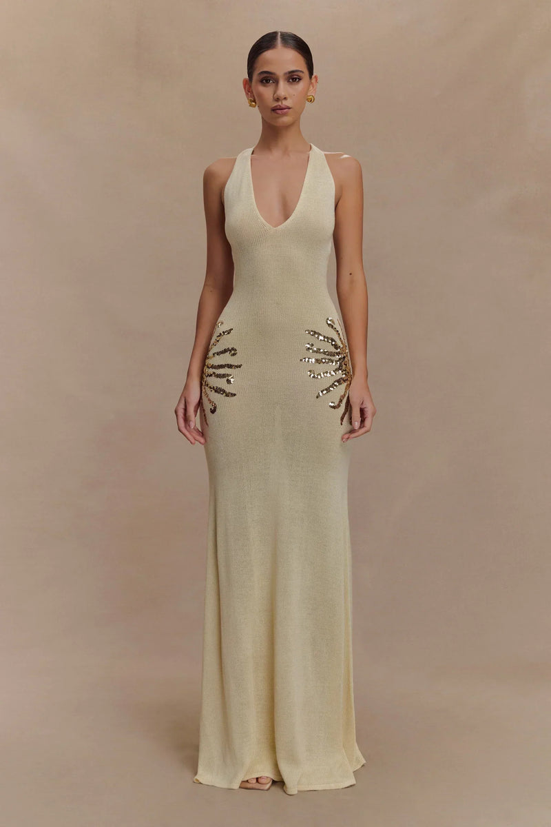 Corinne | Plunging Open-Back Sequin Sunburst Maxi Dress