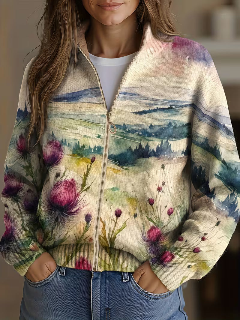 Lidia™ | Zip-Up Cardigan in Landscape with Scottish Thistle