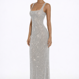 Olivia | Embellished Square Neck Crystal Mesh Maxi Dress