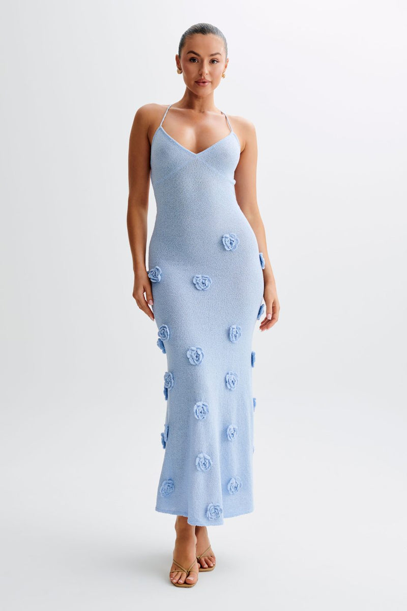 Trice | Lace-Up Open Back V-Neck 3D Floral Knit Maxi Dress