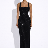 Elara | Sculpted Square Neck Crystal Mesh Maxi Dress