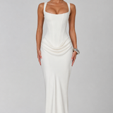 Nina | Sculpted Lowered Waist Square Neck Crepe Maxi Dress