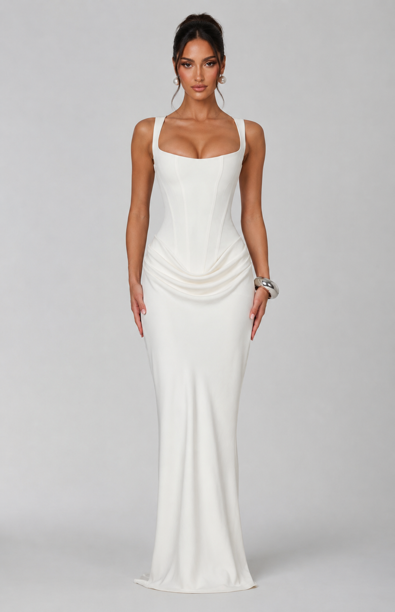 Nina | Sculpted Lowered Waist Square Neck Crepe Maxi Dress