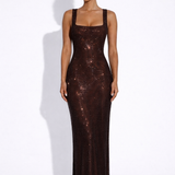 Olivia | Embellished Square Neck Crystal Mesh Maxi Dress