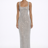 Elara | Sculpted Square Neck Crystal Mesh Maxi Dress