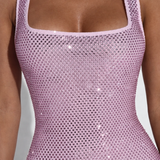 The Solar | Square Neck Rhinestone Stretch Net Mini Dress