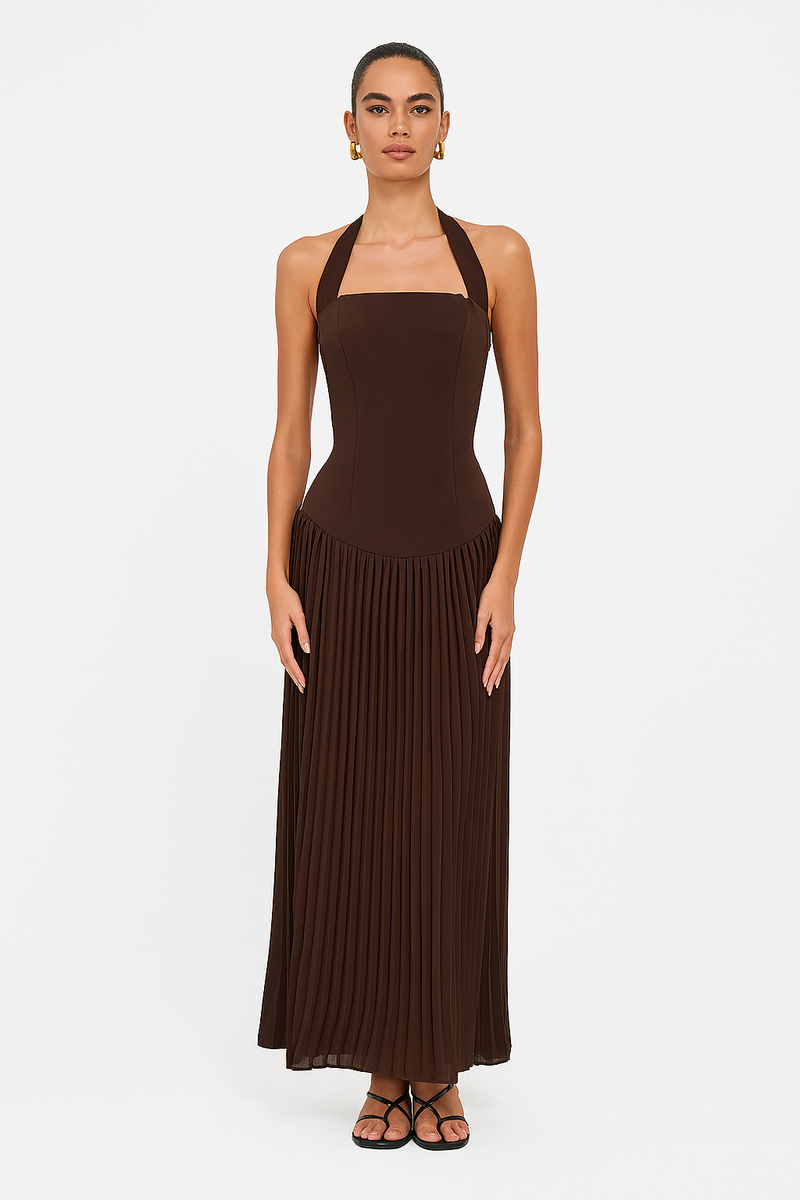 Stacy | Structured Bodice Elegant Halterneck Pleated Maxi Dress