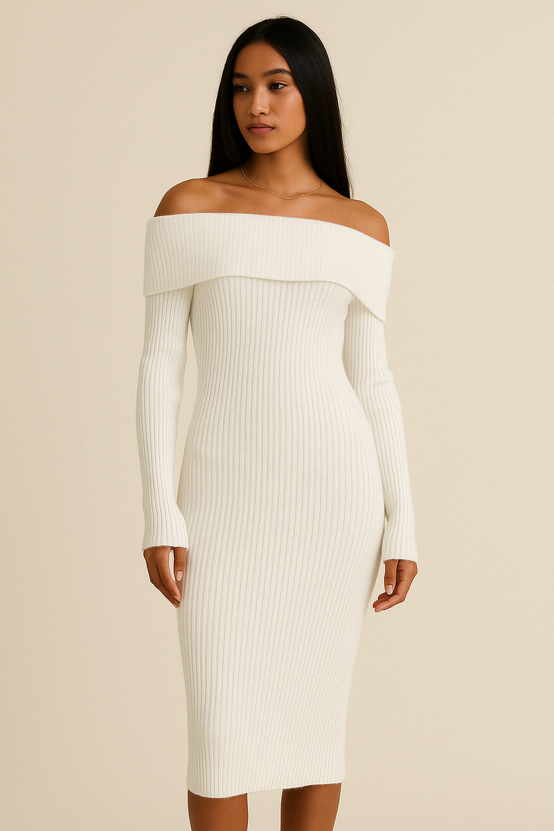 Nerrit | Off-The-Shoulder Ribbed Knit Midi Dress