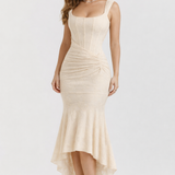 Naomi | Bias Cut Satin Luminous Neutral Midi Dress