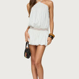 Aida | Relaxed Draped Halter Neck Lace-Trim Mini Dress