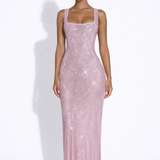 Elara | Sculpted Square Neck Crystal Mesh Maxi Dress