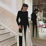 Allison | Women's Elegant White & Black Long-sleeve Pleated Maxi Dress