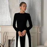 Allison | Women's Elegant White & Black Long-sleeve Pleated Maxi Dress