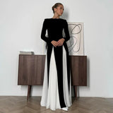Allison | Women's Elegant White & Black Long-sleeve Pleated Maxi Dress