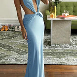 Bryony | Women's Blue Tie Back Maxi Summer Vacation Dress