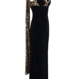 Camryn | Women's Black Strapless Leopard Print Maxi Dress with Scarf
