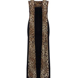 Camryn | Women's Black Strapless Leopard Print Maxi Dress with Scarf