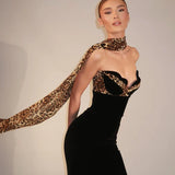 Camryn | Women's Black Strapless Leopard Print Maxi Dress with Scarf