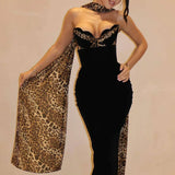 Camryn | Women's Black Strapless Leopard Print Maxi Dress with Scarf