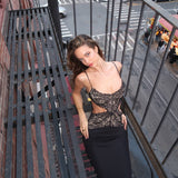 Celeste | Women's Black Spaghetti Strap Lace Cut-Out Back Tie Maxi Dress