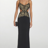 Celeste | Women's Black Spaghetti Strap Lace Cut-Out Back Tie Maxi Dress