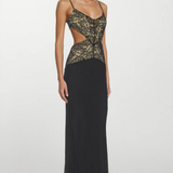 Celeste | Women's Black Spaghetti Strap Lace Cut-Out Back Tie Maxi Dress