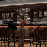 Estelle | Women's High-Neck Sleeveless Backless Ruched Leopard Maxi Dress