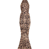 Estelle | Women's High-Neck Sleeveless Backless Ruched Leopard Maxi Dress
