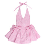 Estrella | Women's Pink Sleeveless Halterneck Mini Prom Dress with Bows