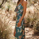Evelina | Women's Green Floral Tie Front Sleeveless Slit Midi Summer Dress