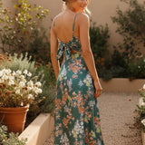 Evelina | Women's Green Floral Tie Front Sleeveless Slit Midi Summer Dress
