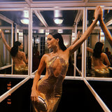 Evelynn | Women's Sequin Halter Front-Center Cut-Out Maxi Dress