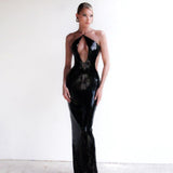 Evelynn | Women's Sequin Halter Front-Center Cut-Out Maxi Dress