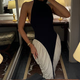 Francesca | Women's Black & White  High-Neck Sleeveless Backless Pleated Midi Dress