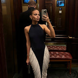 Francesca | Women's Black & White  High-Neck Sleeveless Backless Pleated Midi Dress