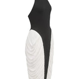 Francesca | Women's Black & White  High-Neck Sleeveless Backless Pleated Midi Dress