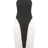 Francesca | Women's Black & White  High-Neck Sleeveless Backless Pleated Midi Dress