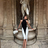 Francesca | Women's Black & White  High-Neck Sleeveless Backless Pleated Midi Dress
