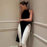 Francesca | Women's Black & White  High-Neck Sleeveless Backless Pleated Midi Dress