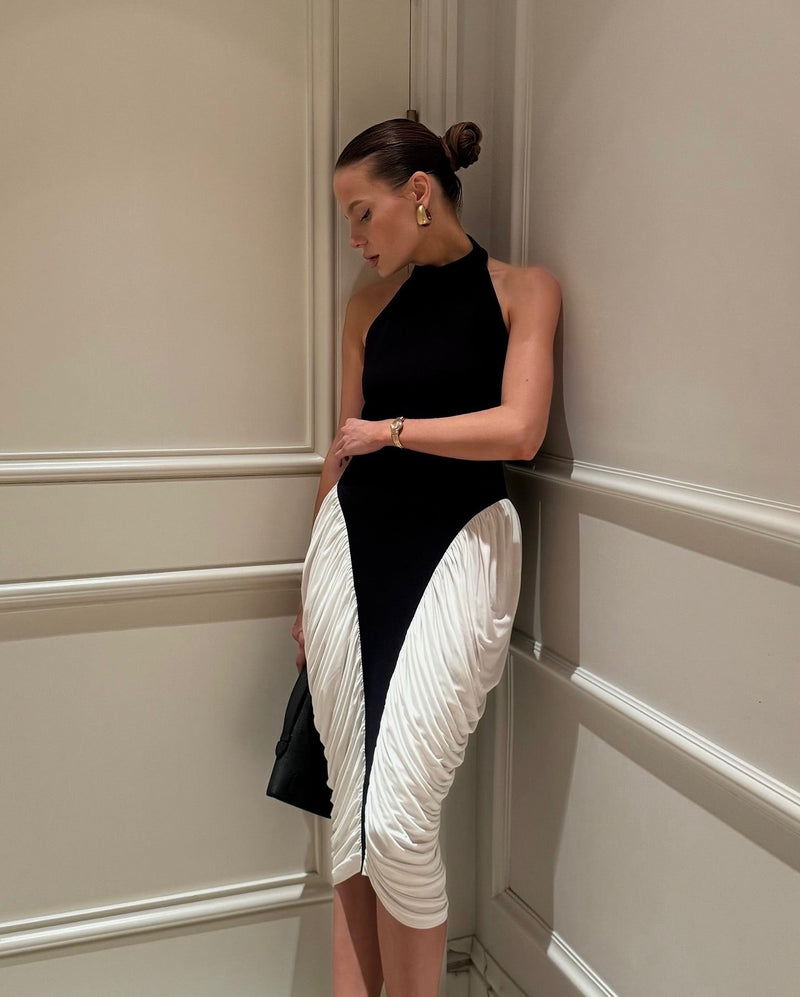 Francesca | Women's Black & White  High-Neck Sleeveless Backless Pleated Midi Dress
