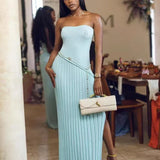 Isadora | Women's Sky Blue Strapless Side-Slit Knit Maxi Summer Dress